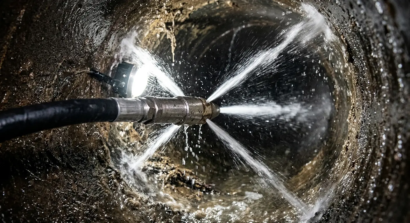 High-pressure hydro jetting nozzle cleaning sewer pipe for Sewer Cleanout in San Fernando