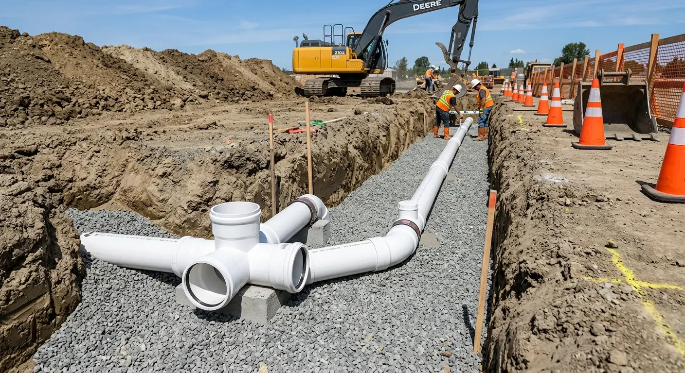 New PVC sewer pipe installation in open trench for Sewer Backup in San Fernando