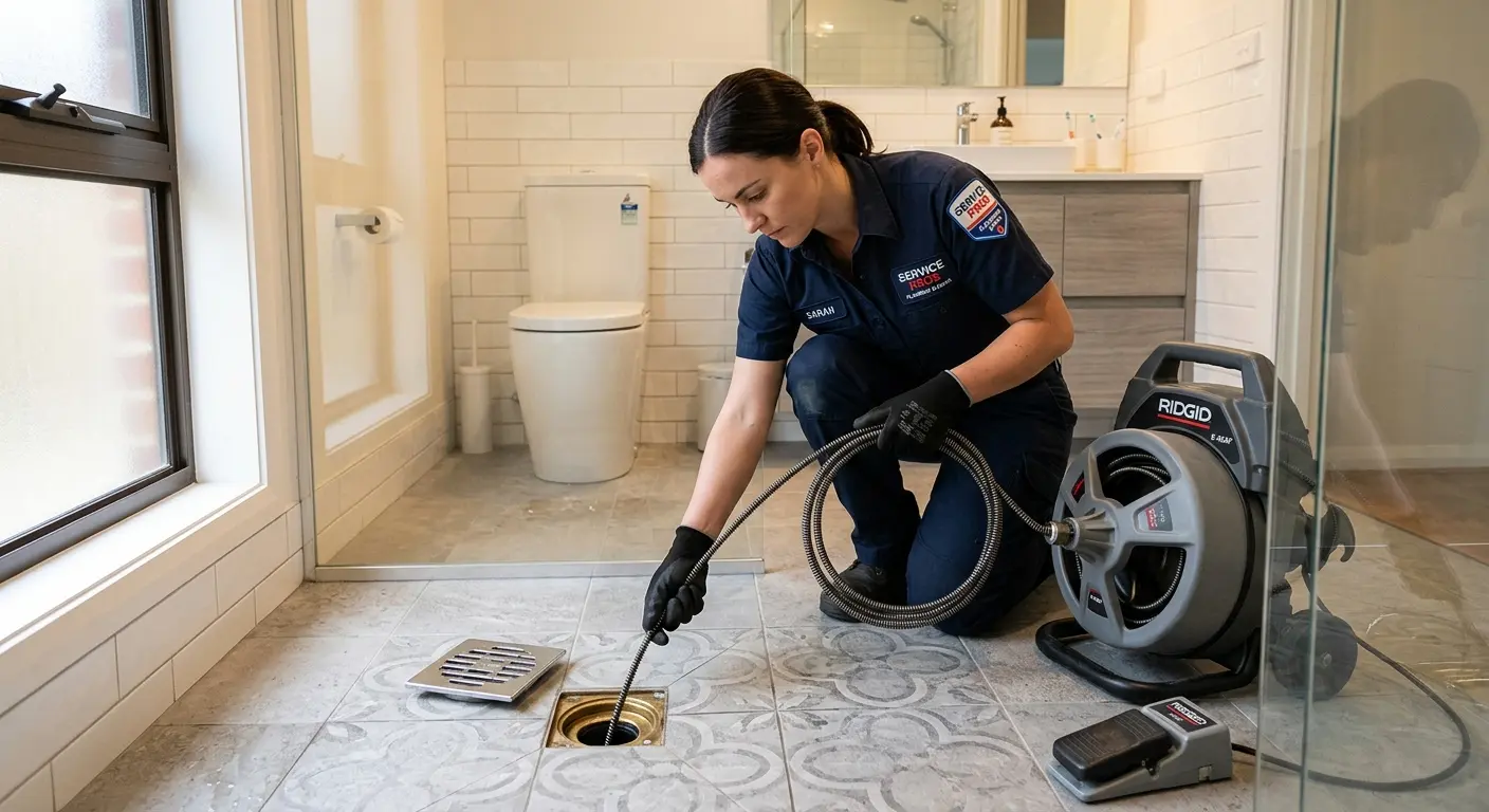 Technician clearing a bathroom floor drain for Drain Cleaning in San Fernando